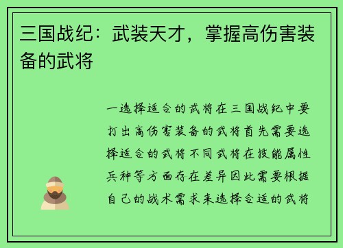 三国战纪：武装天才，掌握高伤害装备的武将